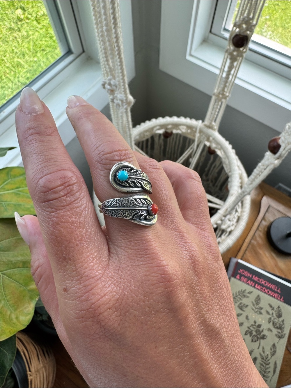 Navajo handmade, stamped, sterling silver turquoise and coral adjustable ring - Picture 1 of 7